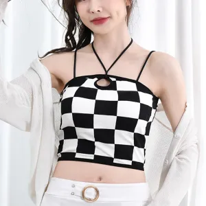 Wjczt Retro Checkerboard Crop Top Women Y2K Gyaru Sexy Halter Top Summer Fashion Fixed Cup Camisole Smooth Breathable Tank Top