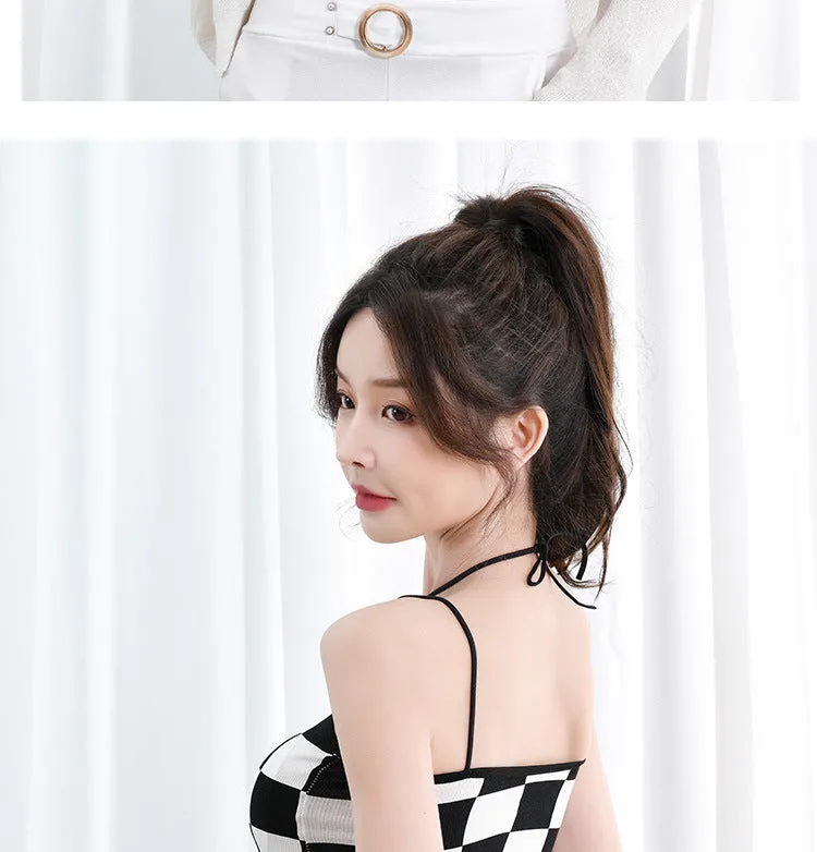 Wjczt Retro Checkerboard Crop Top Women Y2K Gyaru Sexy Halter Top Summer Fashion Fixed Cup Camisole Smooth Breathable Tank Top