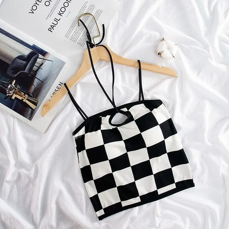 Wjczt Retro Checkerboard Crop Top Women Y2K Gyaru Sexy Halter Top Summer Fashion Fixed Cup Camisole Smooth Breathable Tank Top
