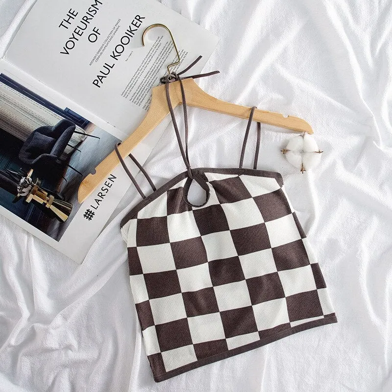 Wjczt Retro Checkerboard Crop Top Women Y2K Gyaru Sexy Halter Top Summer Fashion Fixed Cup Camisole Smooth Breathable Tank Top