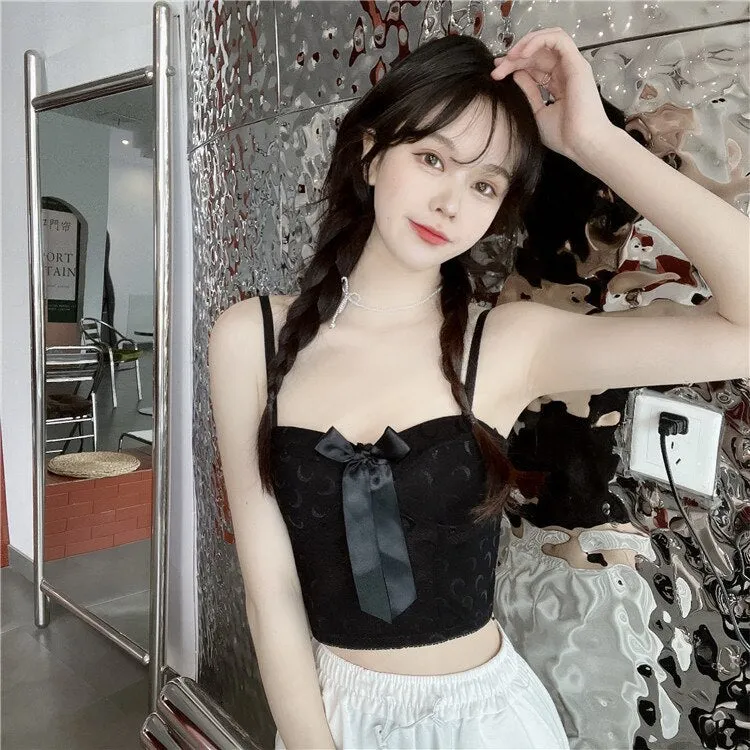 Wjczt Sexy Crop Top Women Crescent Moon Decorate Tank Top Bowknot Fixed Cup Padded Push Up Seamless Camisole Summer 2022 New