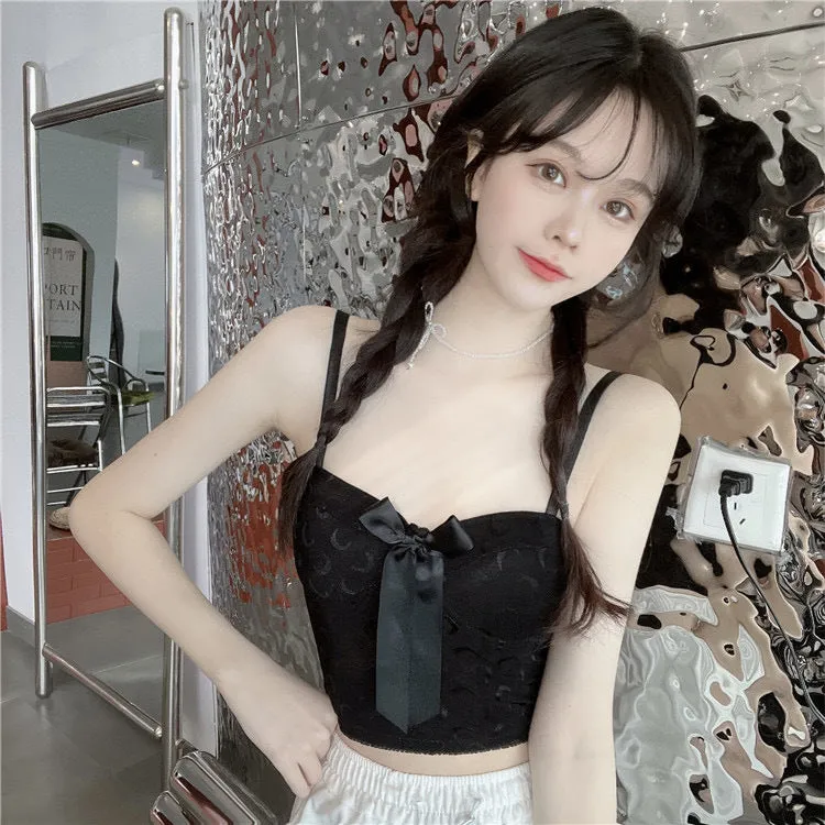 Wjczt Sexy Crop Top Women Crescent Moon Decorate Tank Top Bowknot Fixed Cup Padded Push Up Seamless Camisole Summer 2022 New