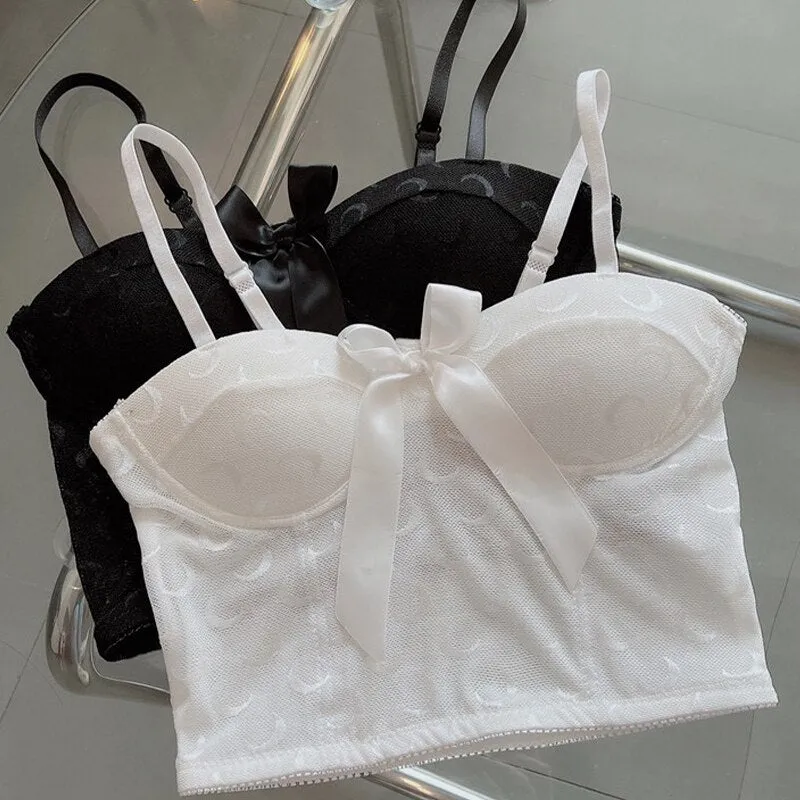 Wjczt Sexy Crop Top Women Crescent Moon Decorate Tank Top Bowknot Fixed Cup Padded Push Up Seamless Camisole Summer 2022 New
