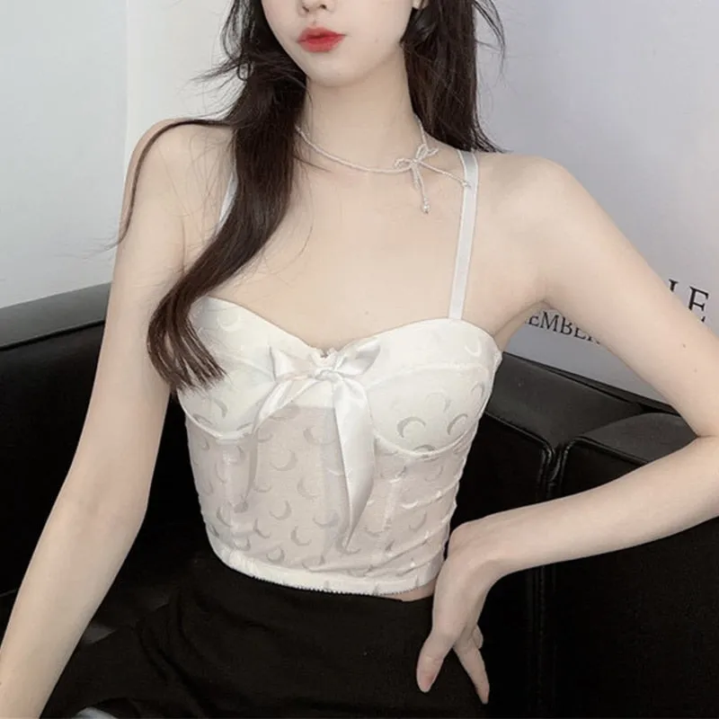 Wjczt Sexy Crop Top Women Crescent Moon Decorate Tank Top Bowknot Fixed Cup Padded Push Up Seamless Camisole Summer 2022 New