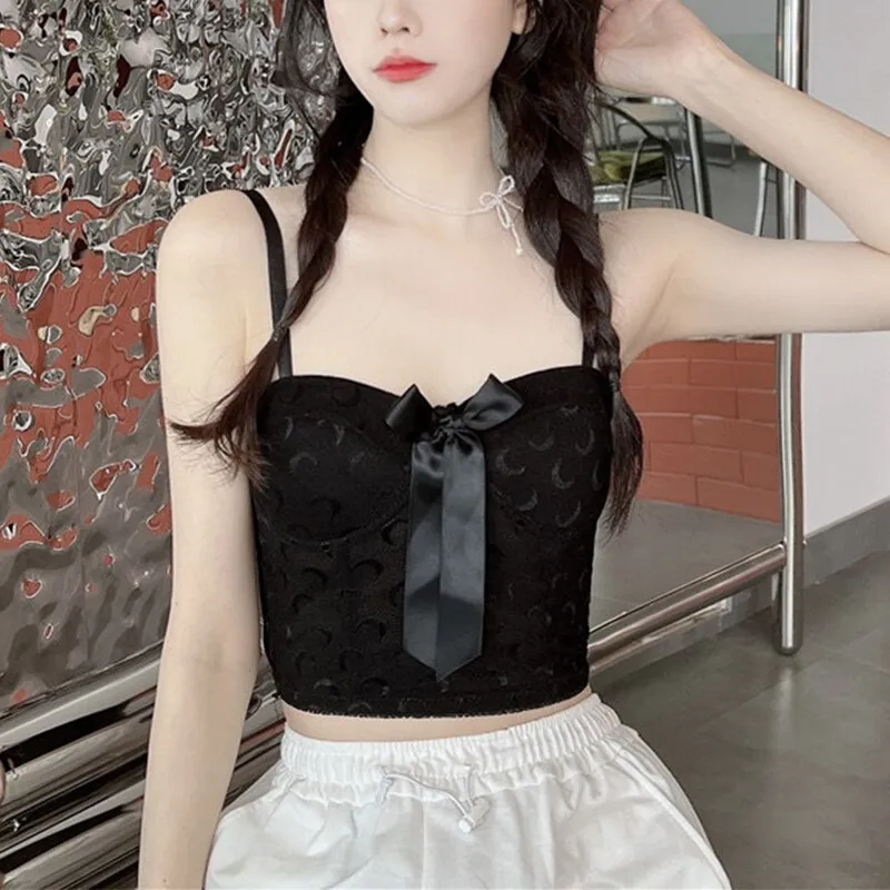 Wjczt Sexy Crop Top Women Crescent Moon Decorate Tank Top Bowknot Fixed Cup Padded Push Up Seamless Camisole Summer 2022 New