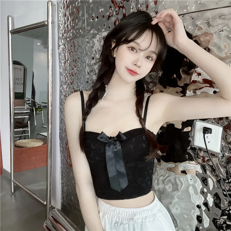 Wjczt Sexy Crop Top Women Crescent Moon Decorate Tank Top Bowknot Fixed Cup Padded Push Up Seamless Camisole Summer 2022 New