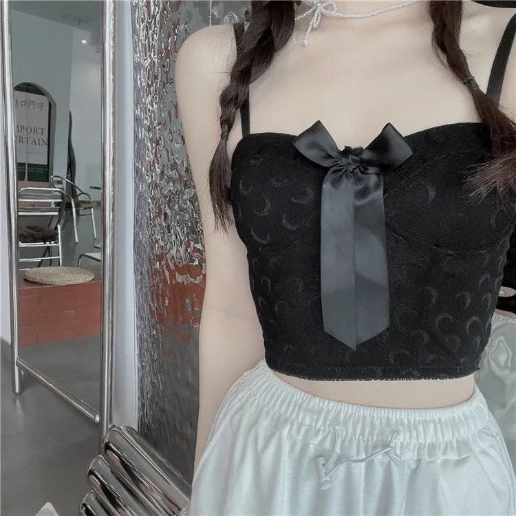 Wjczt Sexy Crop Top Women Crescent Moon Decorate Tank Top Bowknot Fixed Cup Padded Push Up Seamless Camisole Summer 2022 New