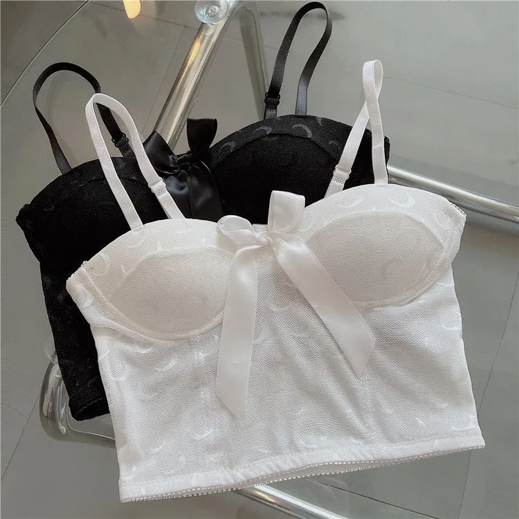 Wjczt Sexy Crop Top Women Crescent Moon Decorate Tank Top Bowknot Fixed Cup Padded Push Up Seamless Camisole Summer 2022 New