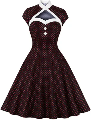 Women 50s 60s Vintage Sleeveless Cocktail Swing Dress 1950s Polka Dot Floral Audrey Rockabilly Prom Party Dress with Belt
