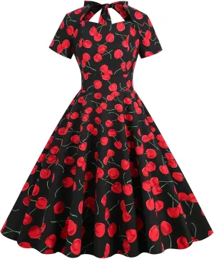 Women 50s 60s Vintage Sleeveless Cocktail Swing Dress 1950s Polka Dot Floral Audrey Rockabilly Prom Party Dress with Belt