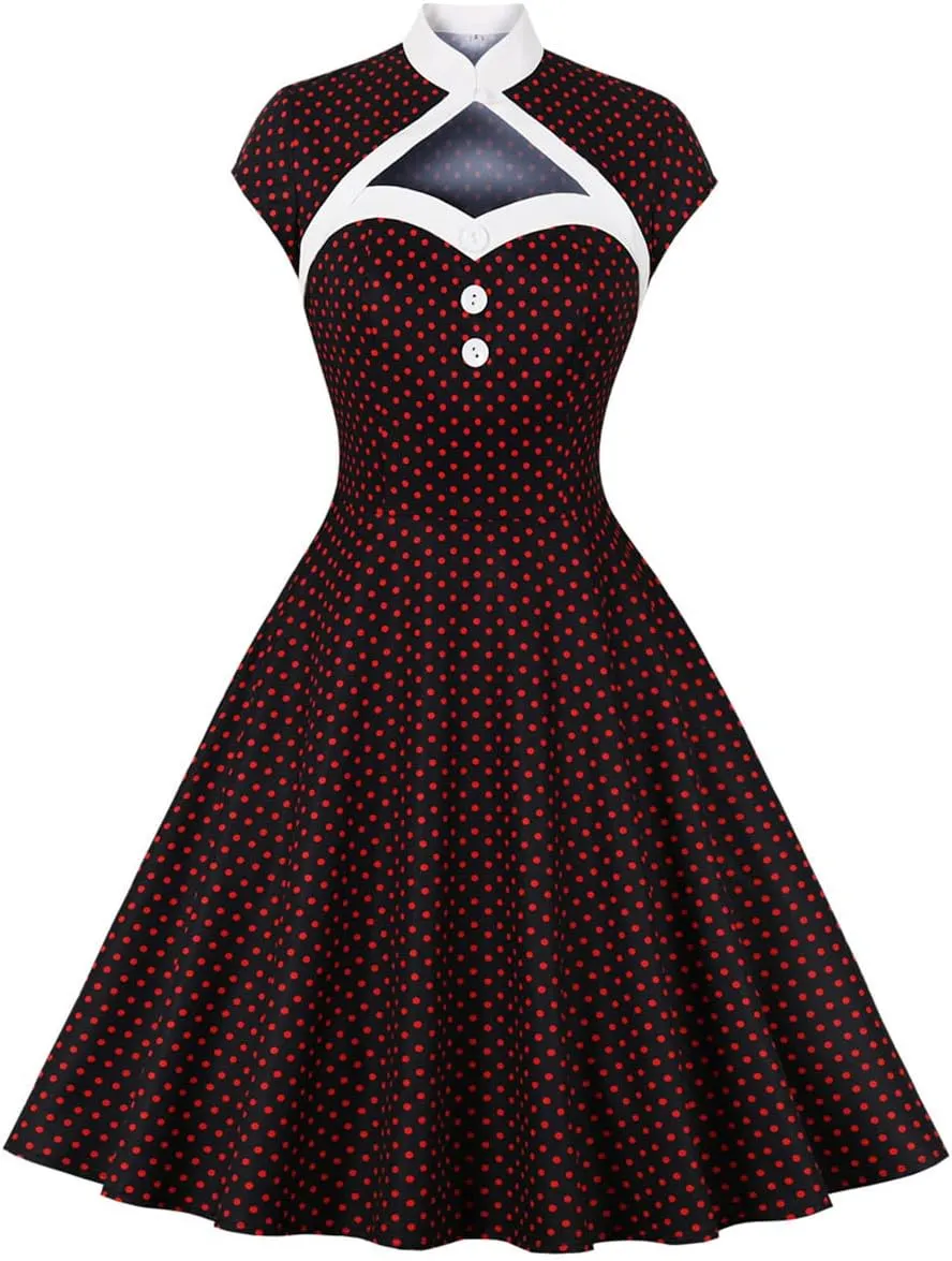 Women 50s 60s Vintage Sleeveless Cocktail Swing Dress 1950s Polka Dot Floral Audrey Rockabilly Prom Party Dress with Belt