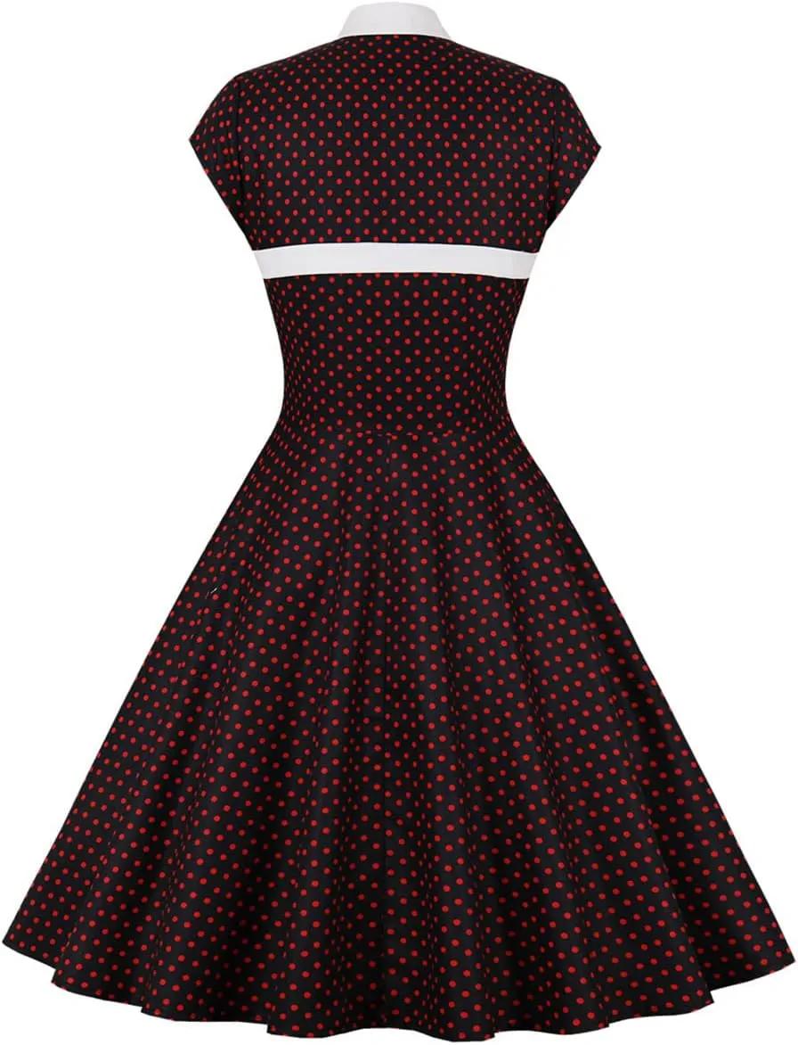 Women 50s 60s Vintage Sleeveless Cocktail Swing Dress 1950s Polka Dot Floral Audrey Rockabilly Prom Party Dress with Belt