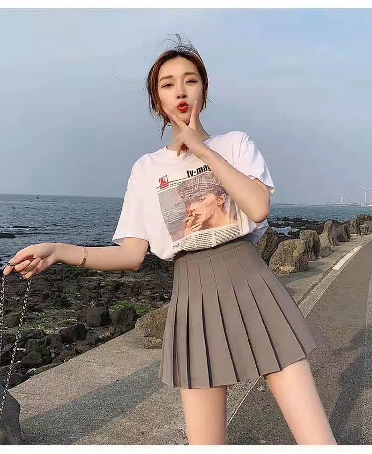 Women A-Line High Waist Slim-Look Black White Anti-Exposed Summer Pleated Skirt