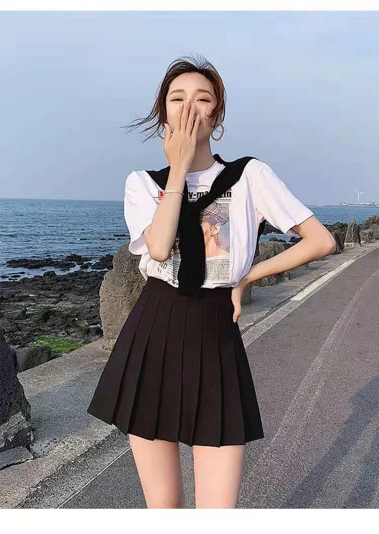 Women A-Line High Waist Slim-Look Black White Anti-Exposed Summer Pleated Skirt