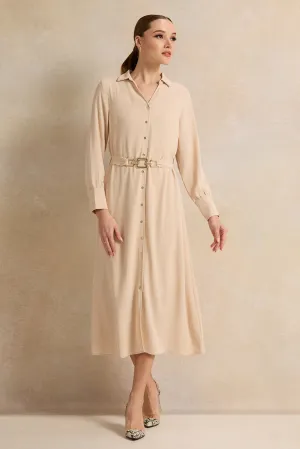 Women Beige Collared Maxi Dress