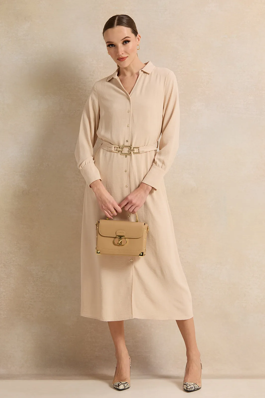 Women Beige Collared Maxi Dress