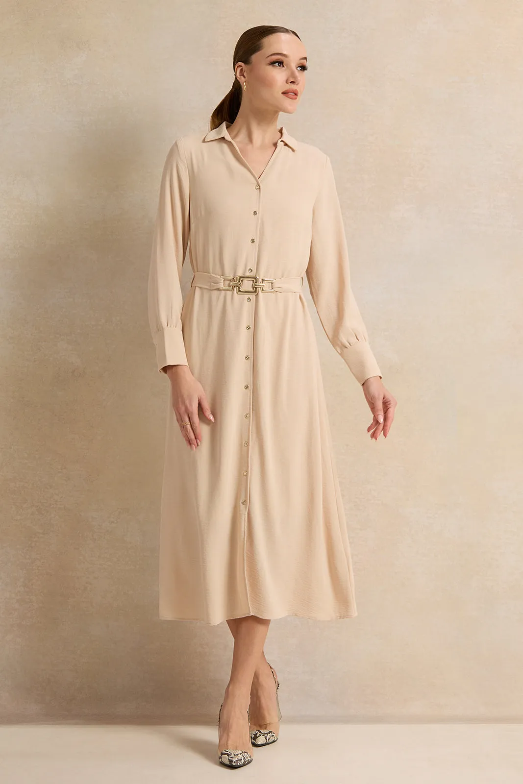 Women Beige Collared Maxi Dress