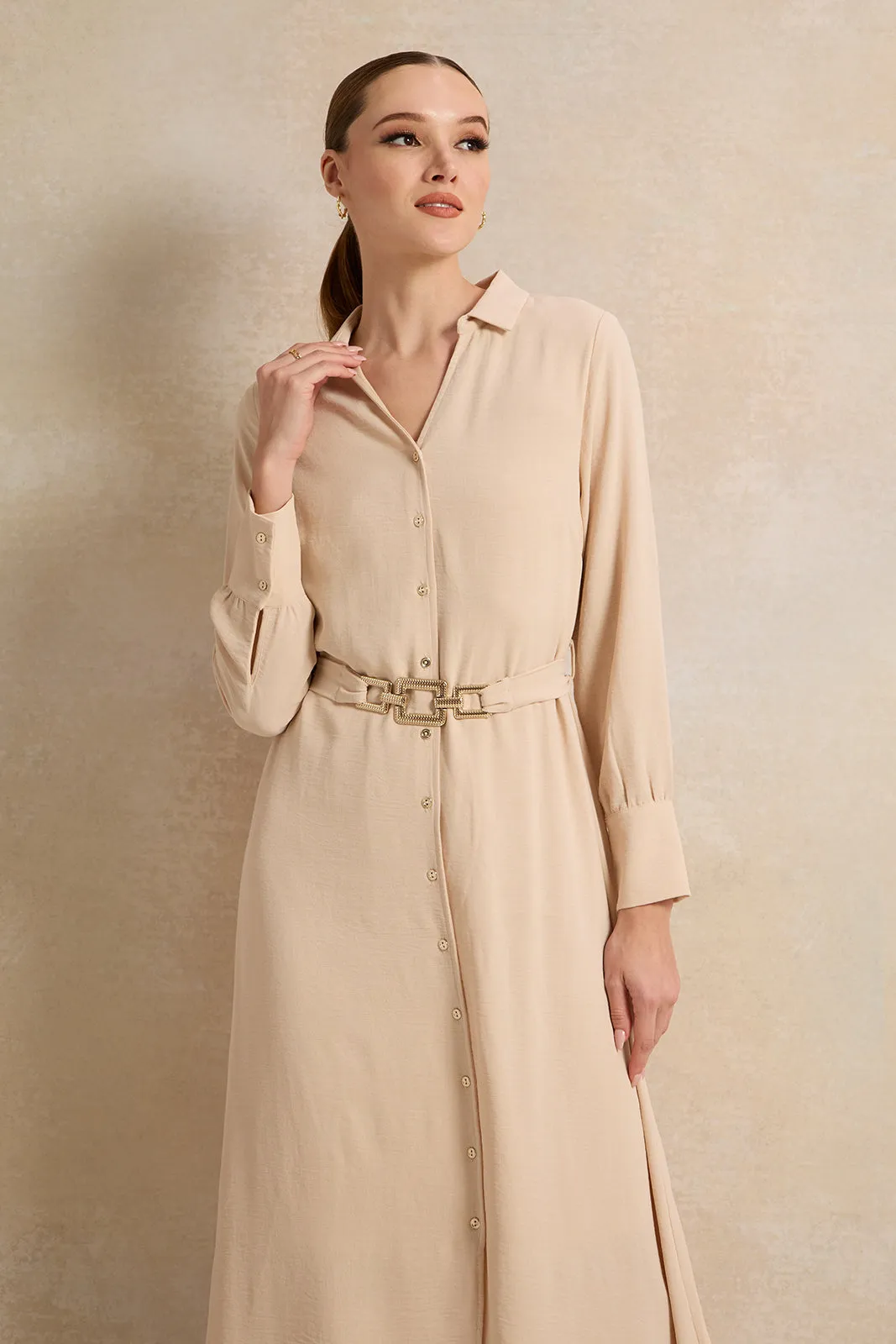 Women Beige Collared Maxi Dress