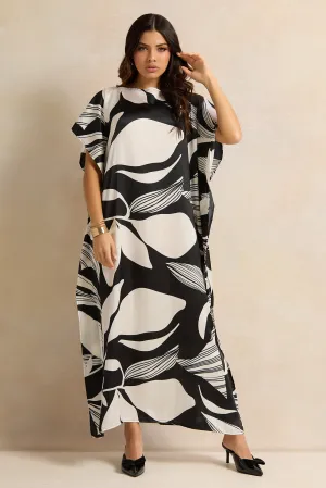 Women Black And White Placement Mono Print Shift Kimono Dress