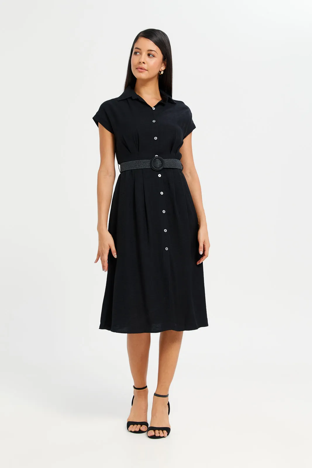 Women Black Belted Shirt Dress