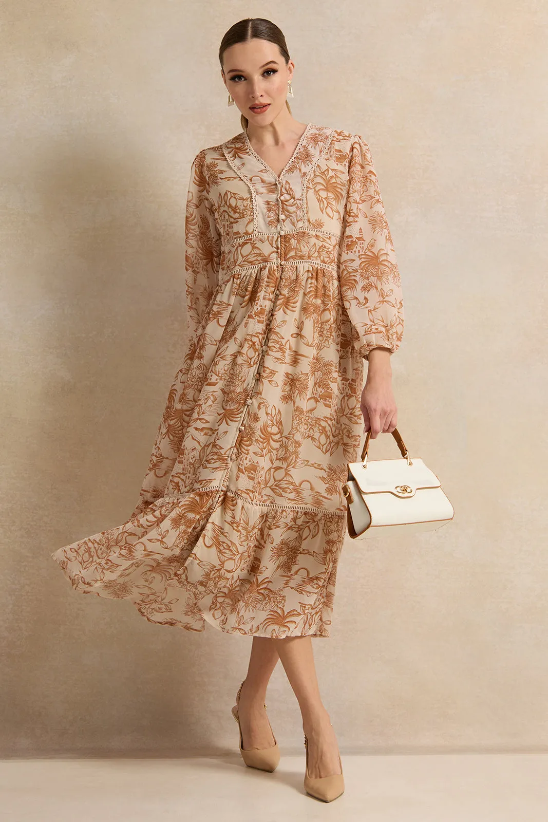 Women Brown Printed Midi Dress