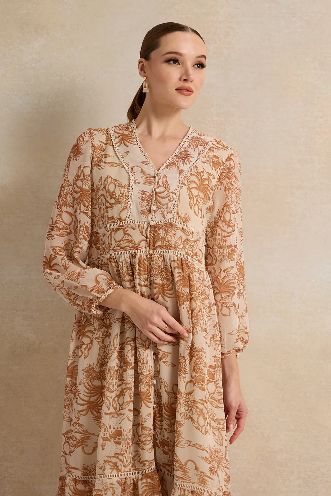 Women Brown Printed Midi Dress
