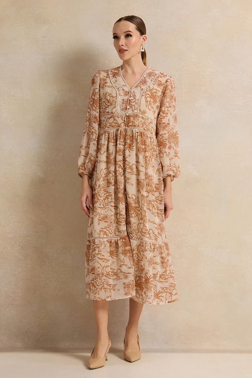 Women Brown Printed Midi Dress