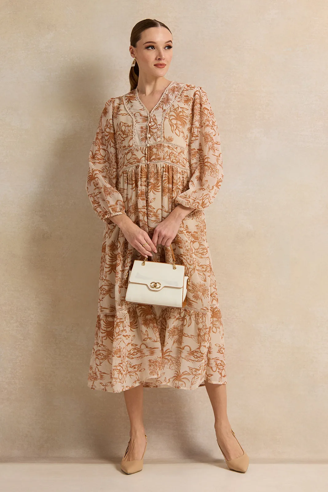 Women Brown Printed Midi Dress