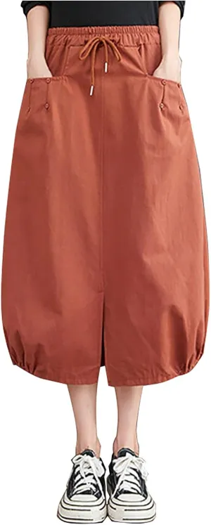 Women Casual Skirts Solid Color Vintage Elastic Waisted Drawstring Skort with Pockets Summer Fashion Comfy Skirt