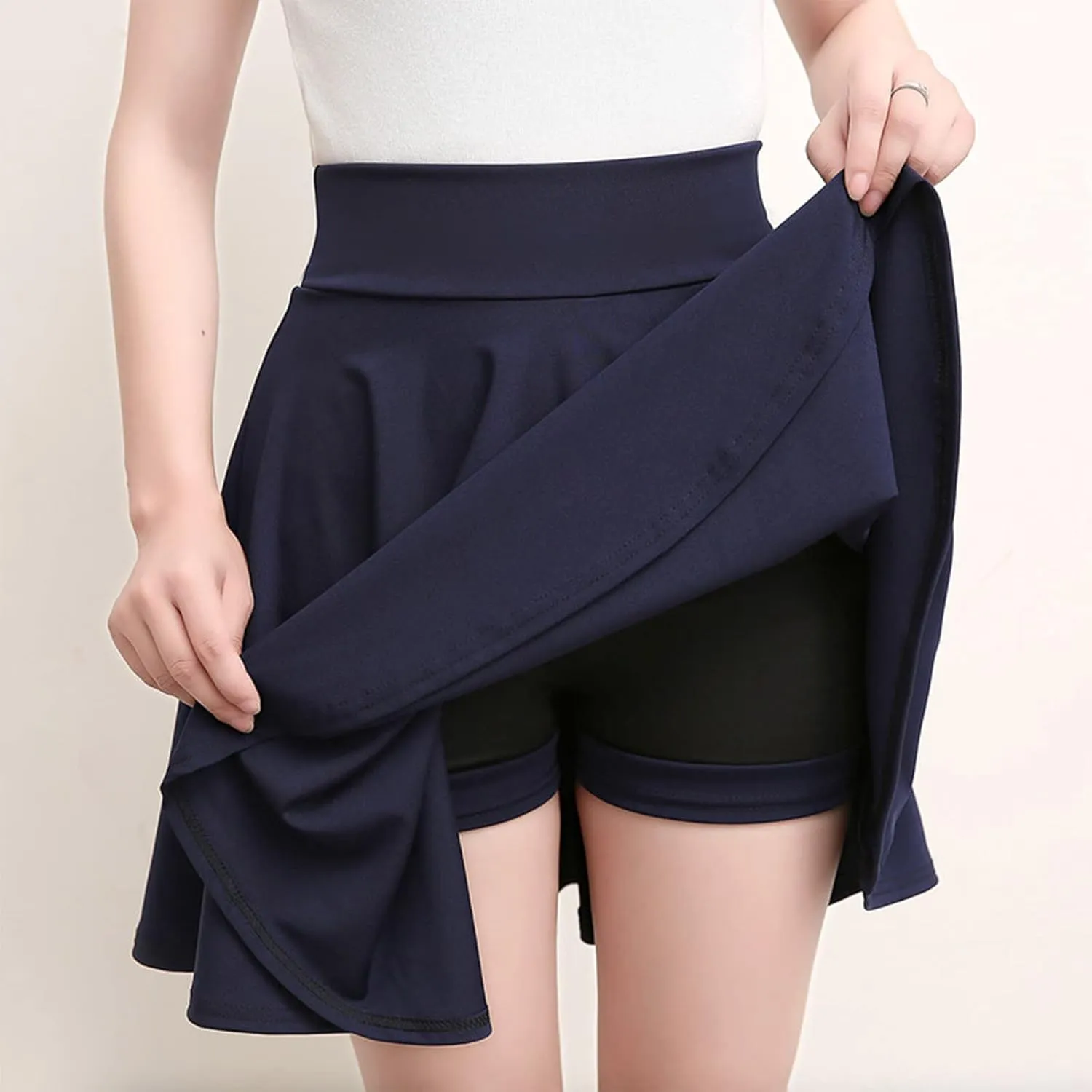 Women Casual Solid Half Skirt Solid Color A-Line Pleated Mini Skirt Built-in Shorts