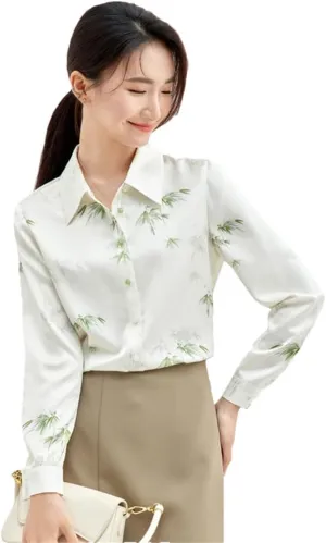 Women Chiffon Office Lady Blouses Long Sleeve Printed Top Lapel Chiffon Loose Casual Top