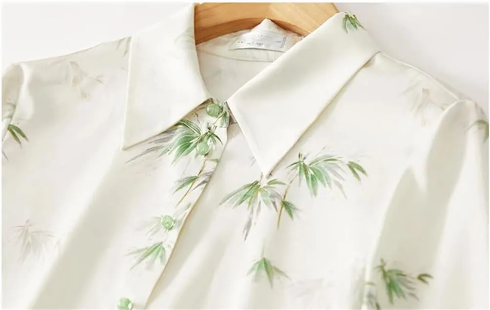 Women Chiffon Office Lady Blouses Long Sleeve Printed Top Lapel Chiffon Loose Casual Top