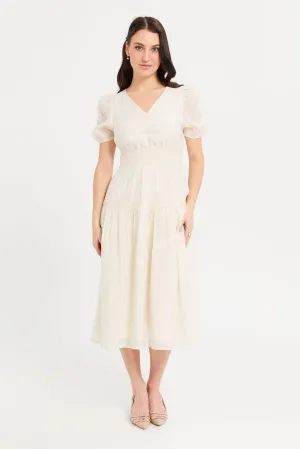 Women Cream Short Sleeve Waist Detailed Dress