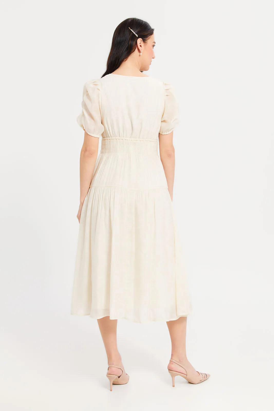 Women Cream Short Sleeve Waist Detailed Dress
