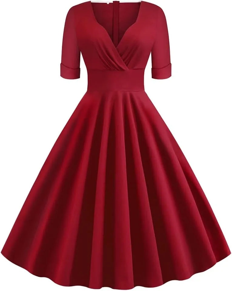 Women Double Breasted Notch Lapel 50s Vintage Short Sleeve Cocktail Swing Dress Polka Dot 1950s Rockabilly Prom Midi Dress