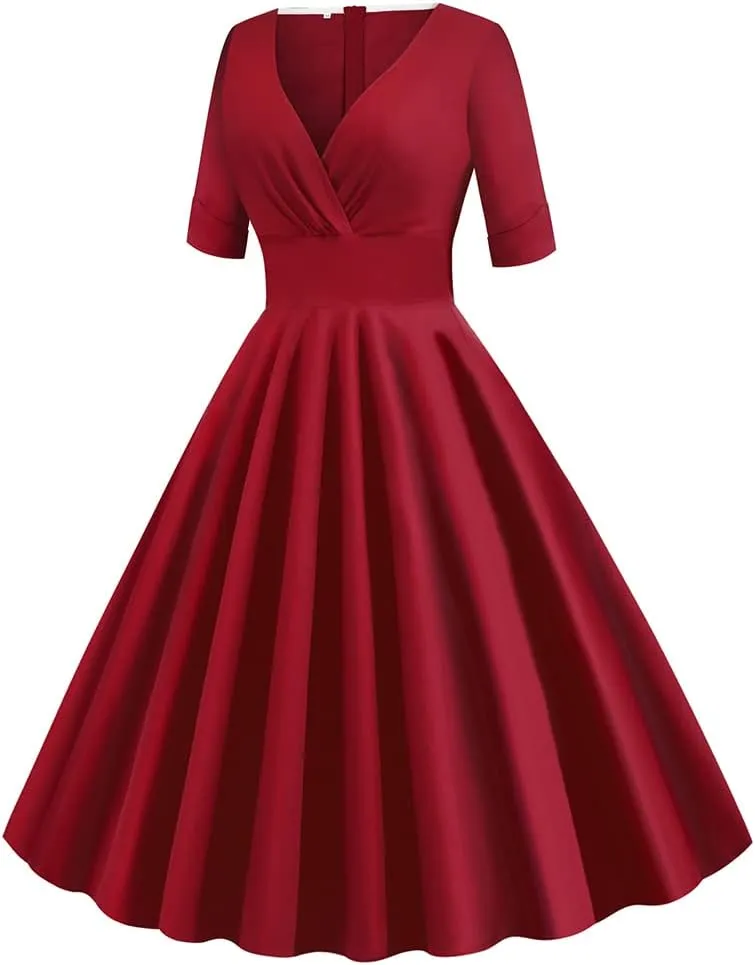 Women Double Breasted Notch Lapel 50s Vintage Short Sleeve Cocktail Swing Dress Polka Dot 1950s Rockabilly Prom Midi Dress