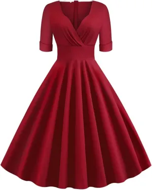 Women Double Breasted Notch Lapel 50s Vintage Short Sleeve Cocktail Swing Dress Polka Dot 1950s Rockabilly Prom Midi Dress