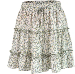 Women Elastic Waist Mini Skirts Floral Printed Pleated Ruffle Hem Flowy A Line Skirt Beach Vacation Skorts