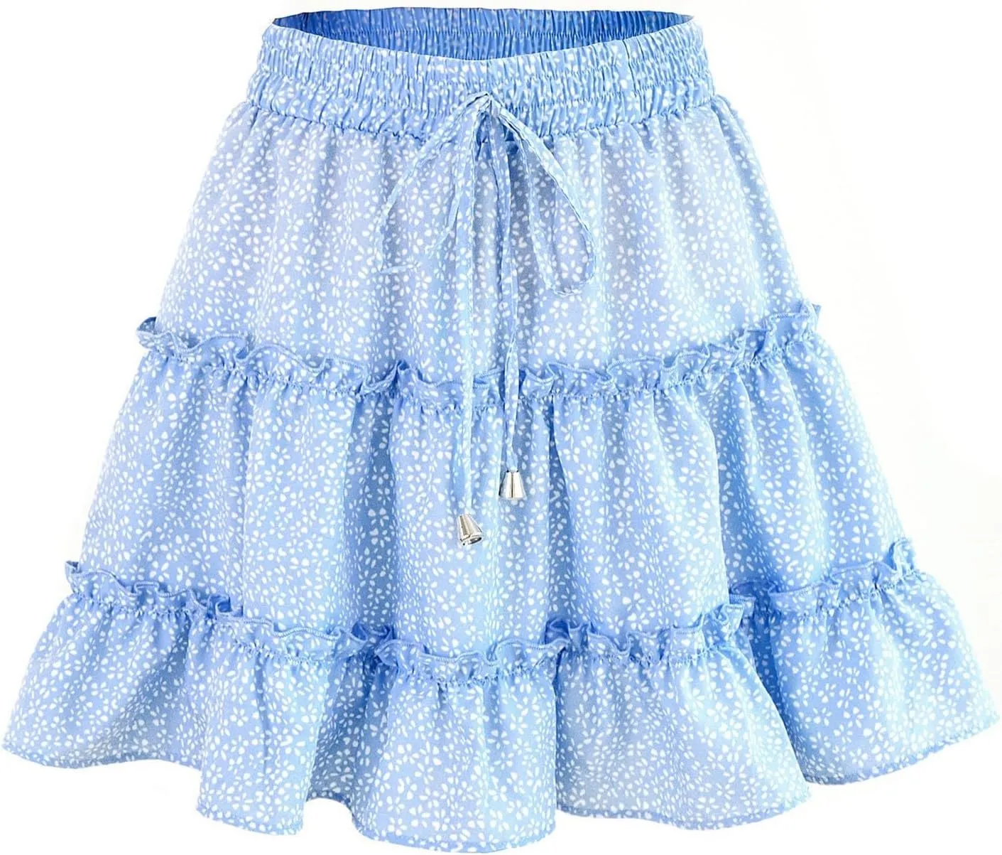 Women Elastic Waist Mini Skirts Floral Printed Pleated Ruffle Hem Flowy A Line Skirt Beach Vacation Skorts