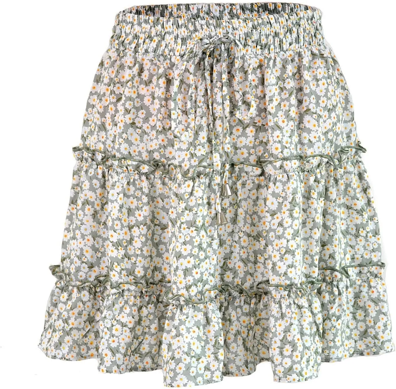 Women Elastic Waist Mini Skirts Floral Printed Pleated Ruffle Hem Flowy A Line Skirt Beach Vacation Skorts