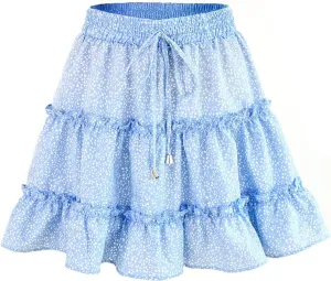 Women Elastic Waist Mini Skirts Floral Printed Pleated Ruffle Hem Flowy A Line Skirt Beach Vacation Skorts