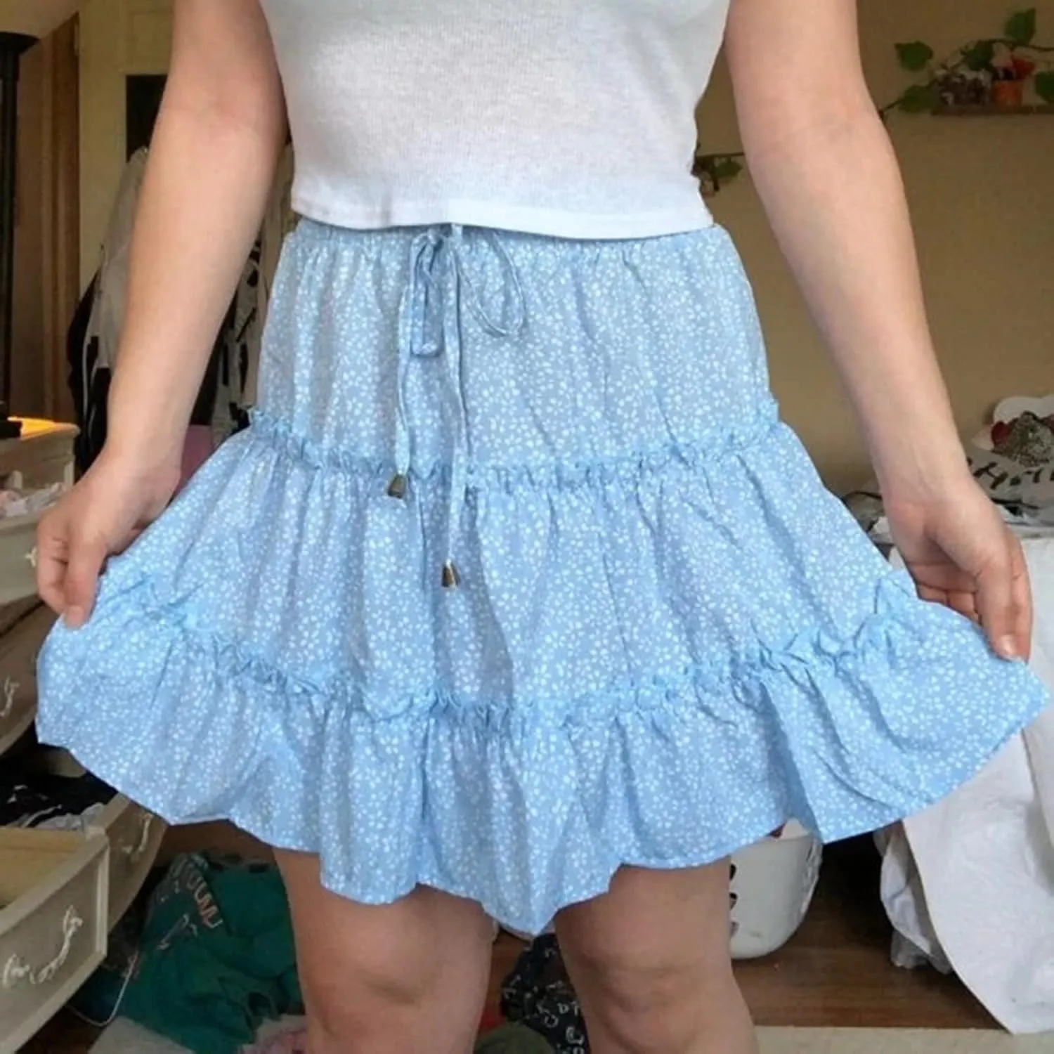 Women Elastic Waist Mini Skirts Floral Printed Pleated Ruffle Hem Flowy A Line Skirt Beach Vacation Skorts