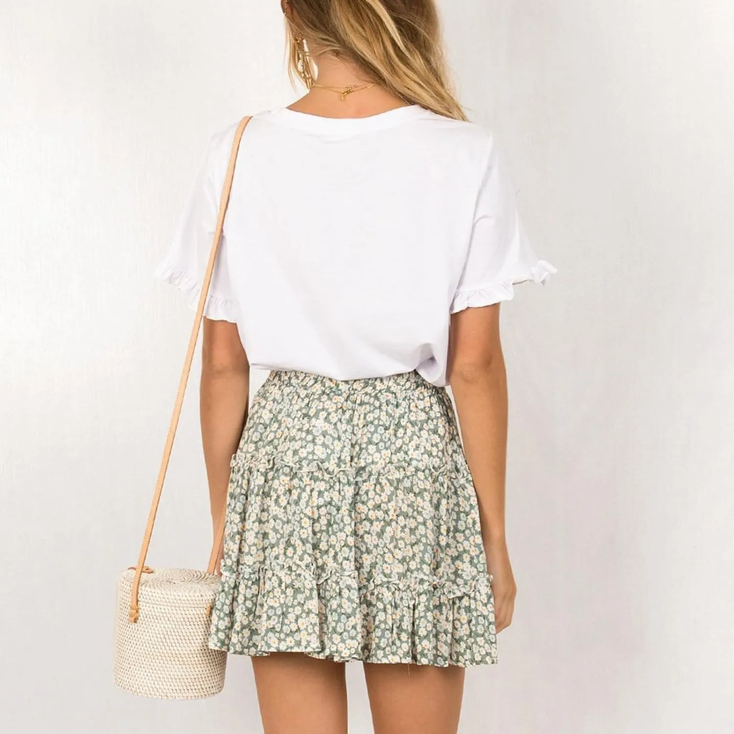 Women Elastic Waist Mini Skirts Floral Printed Pleated Ruffle Hem Flowy A Line Skirt Beach Vacation Skorts