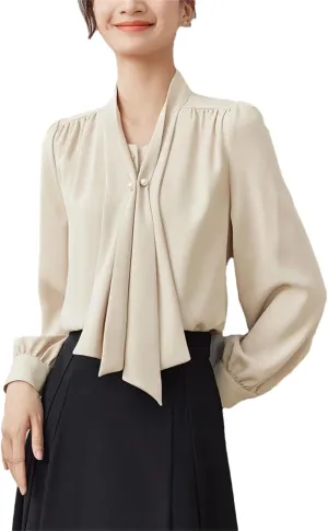 Women Elegant Long Sleeve Shirts Office Lady Chiffon Blouses Office Lady Pullover Button Tops