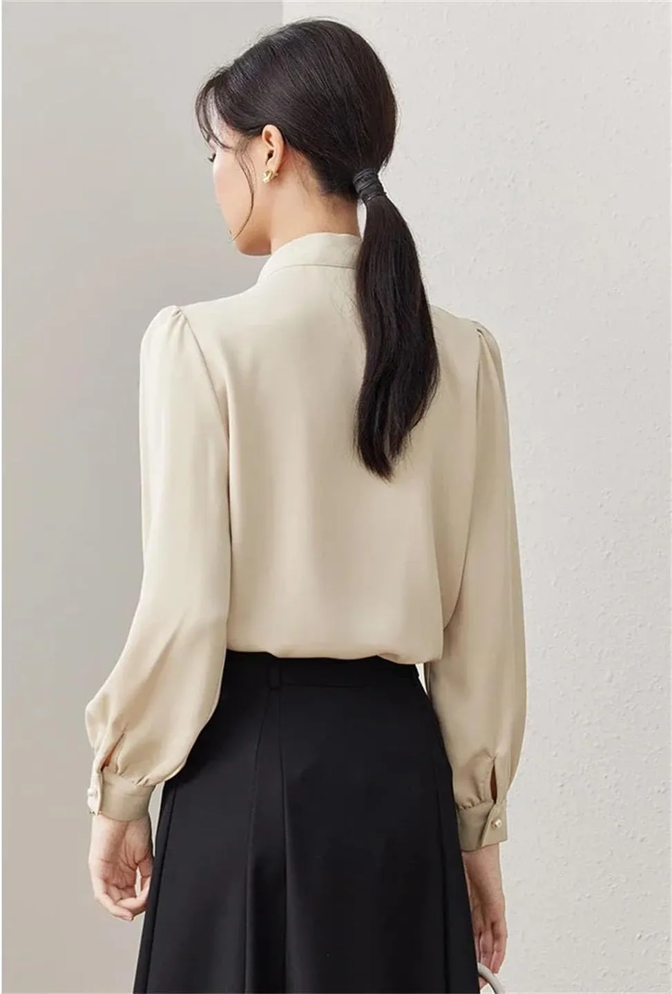 Women Elegant Long Sleeve Shirts Office Lady Chiffon Blouses Office Lady Pullover Button Tops