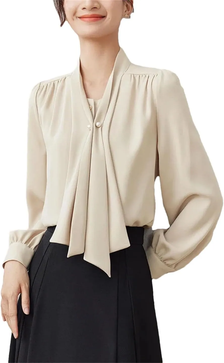 Women Elegant Long Sleeve Shirts Office Lady Chiffon Blouses Office Lady Pullover Button Tops