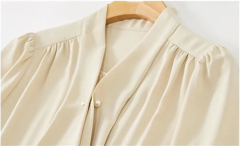 Women Elegant Long Sleeve Shirts Office Lady Chiffon Blouses Office Lady Pullover Button Tops