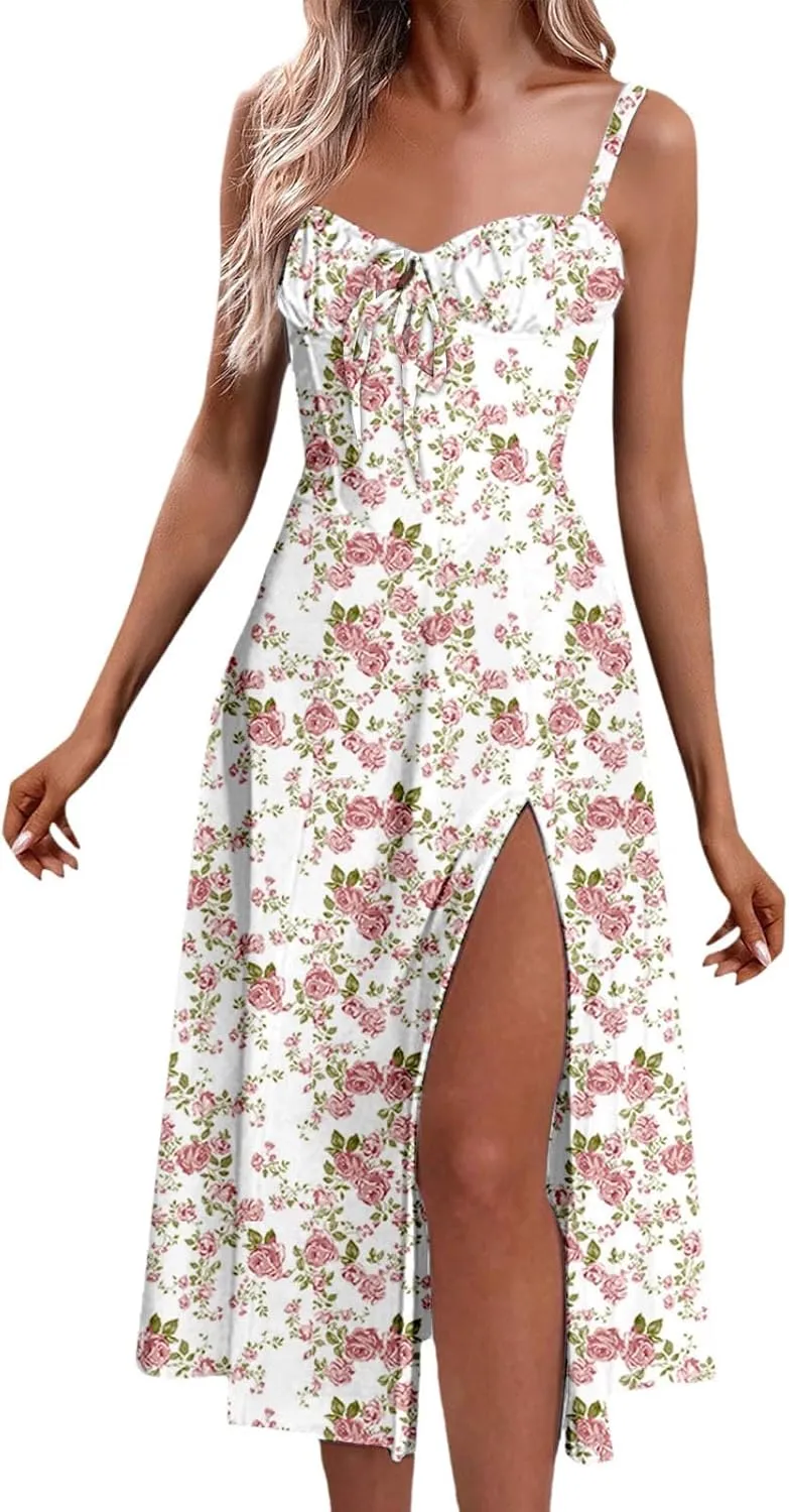 Women Floral Corset Dress Sleeveless Print Tie Dresses Spaghetti Strap Maxi Boho Flowy Slit Dress Beach Summer Dress