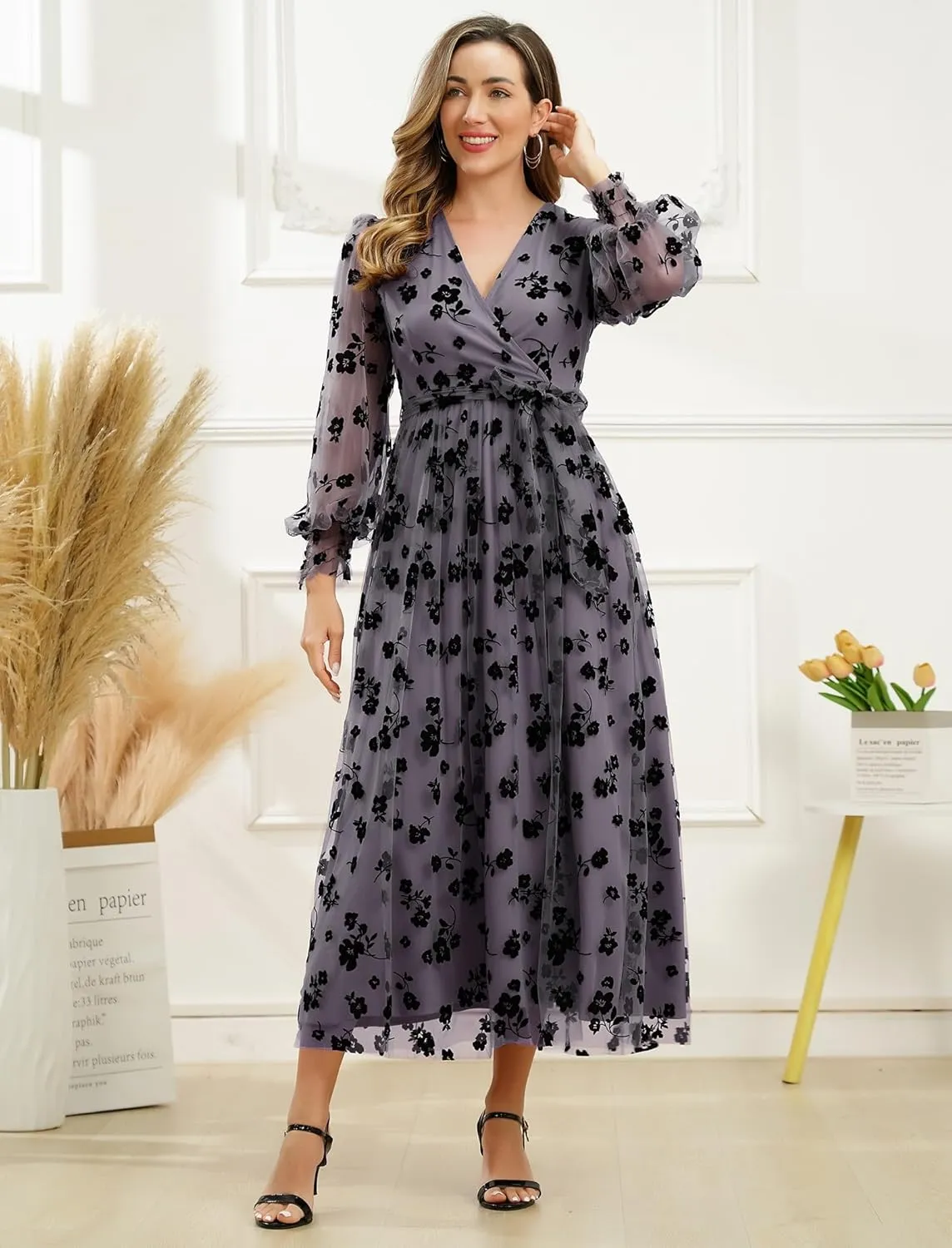 Women Floral Embroidered Maxi Dress Long Puff Sleeve Tulle Prom Dresses Belt V Neck Lantern Long Sleeve Homecoming Dresses