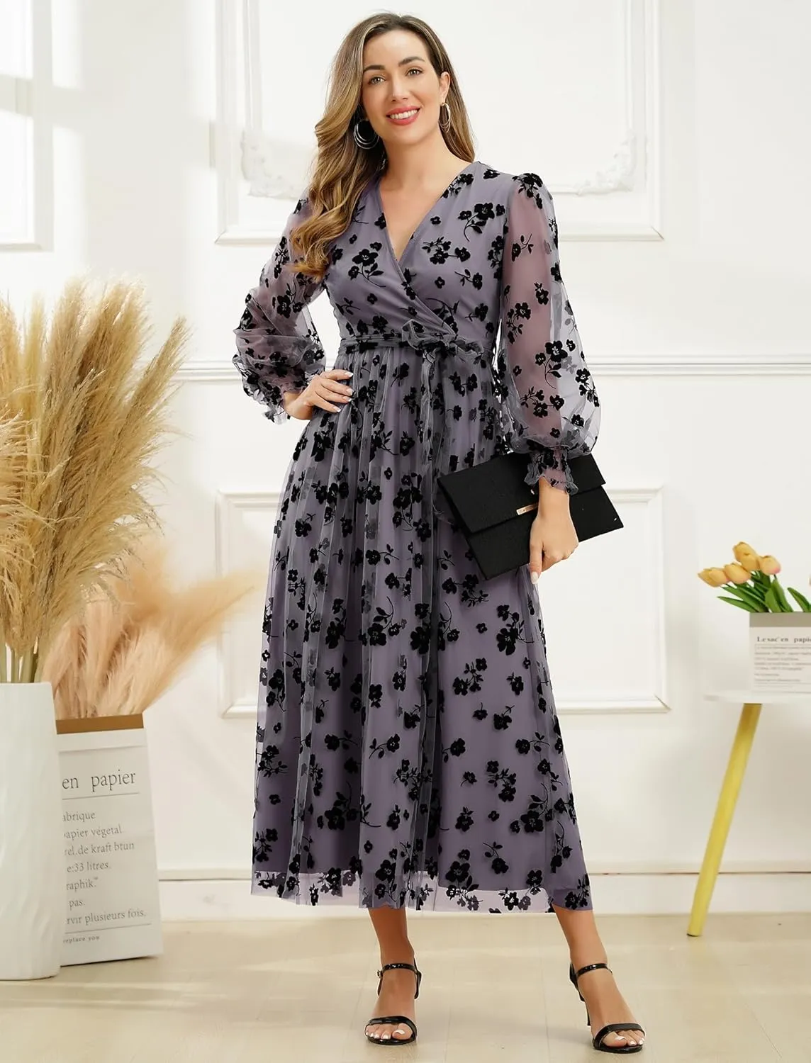 Women Floral Embroidered Maxi Dress Long Puff Sleeve Tulle Prom Dresses Belt V Neck Lantern Long Sleeve Homecoming Dresses